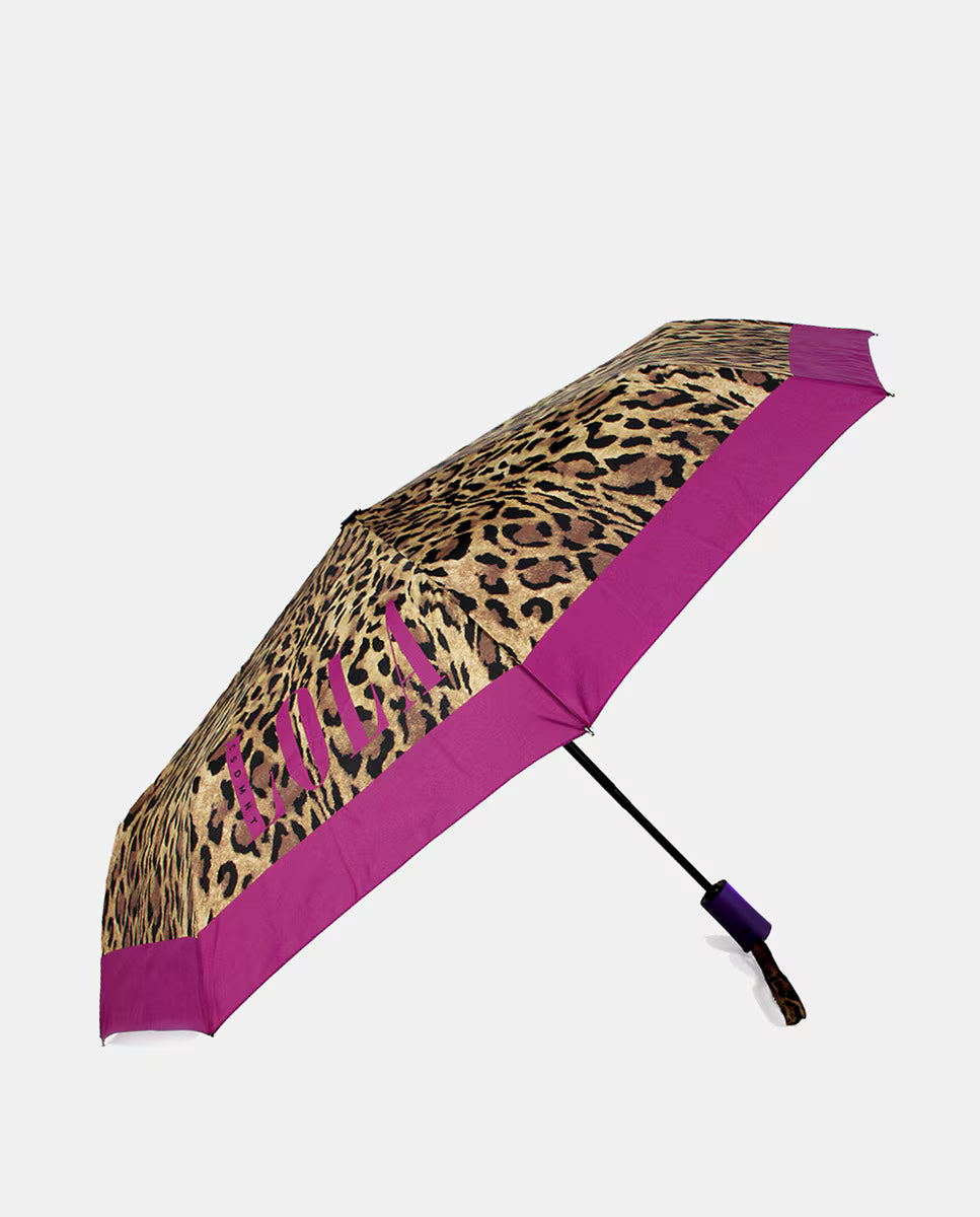 Paraguas Lola Casademunt pequeño automático animal print Lila-Marrón