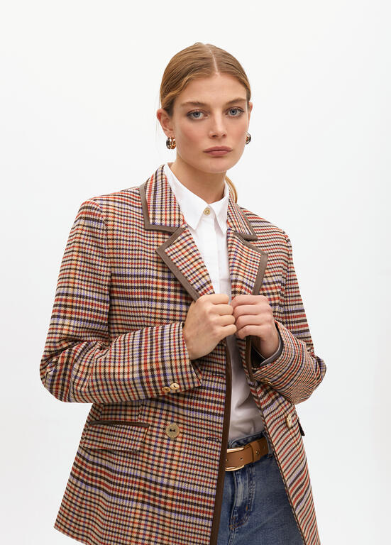 Americana Lola Casademunt cuadros ribete contraaste Marron-Azul