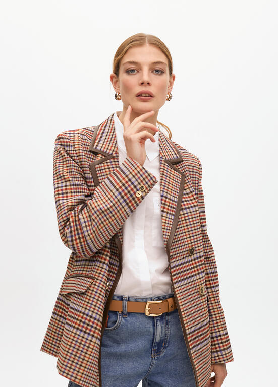 Americana Lola Casademunt cuadros ribete contraaste Marron-Azul