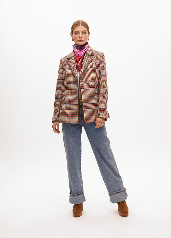Americana Lola Casademunt cuadros ribete contraaste Marron-Azul