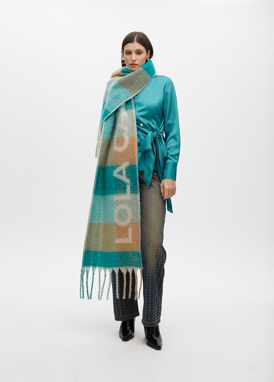 Bufanda Lola Casademunt cuadros logo grande Verde-Marrón