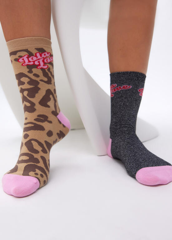 Calcetines Lola Casademunt Pack print animal y lurex Marron-Negro