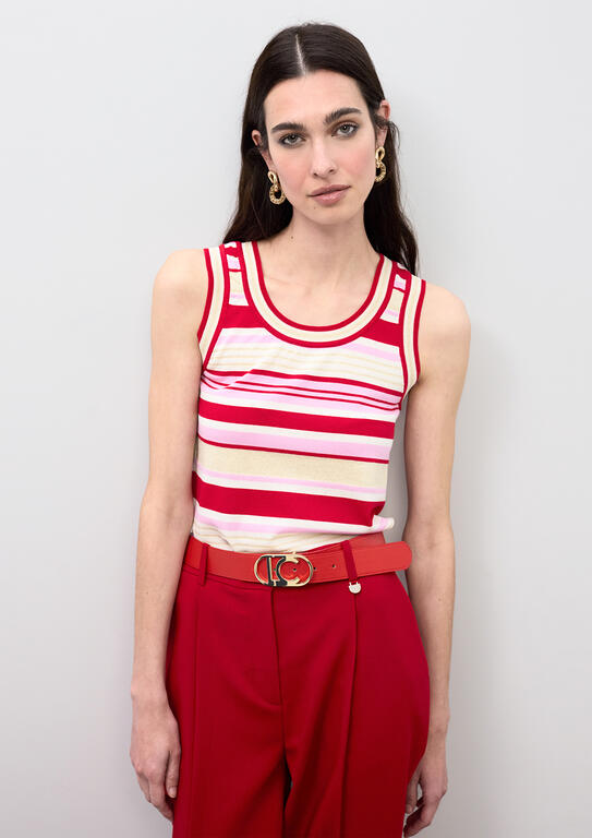 Cinturon Lola Casademunt reversible coral y canvas a rayas hebilla logo ovalado LC ROJO-MULTICOLOR