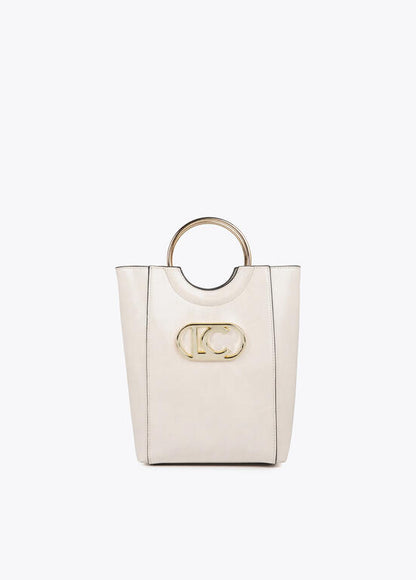 Bolso Lola Casademunt  con asa metálica redonda en efecto piel y logo LC ovalado CRUDO
