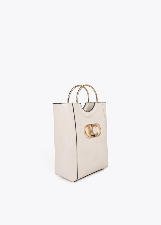 Bolso Lola Casademunt  con asa metálica redonda en efecto piel y logo LC ovalado CRUDO