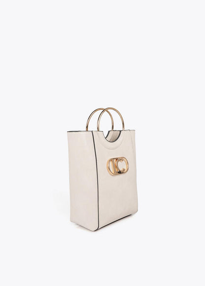 Bolso Lola Casademunt  con asa metálica redonda en efecto piel y logo LC ovalado CRUDO