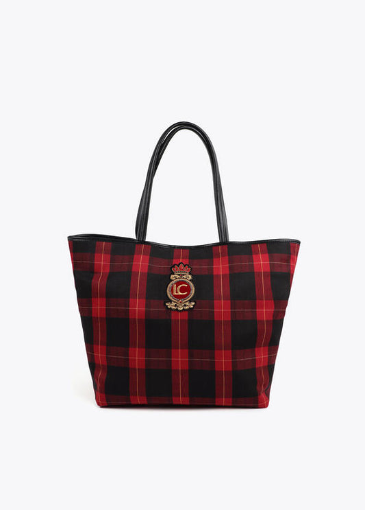 Bolso Lola Casademunt Shopper cuadros con parche escudo ROJO-NEGRO