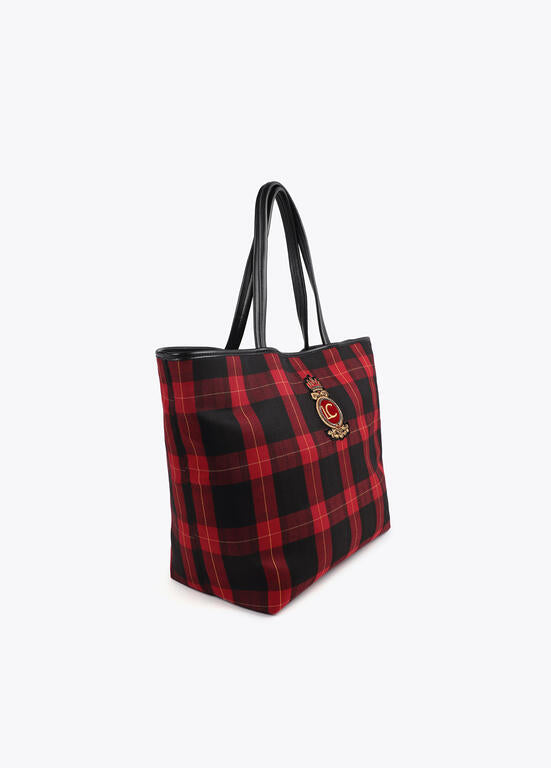 Bolso Lola Casademunt Shopper cuadros con parche escudo ROJO-NEGRO