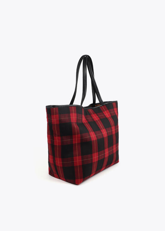 Bolso Lola Casademunt Shopper cuadros con parche escudo ROJO-NEGRO