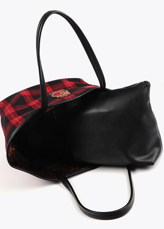 Bolso Lola Casademunt Shopper cuadros con parche escudo ROJO-NEGRO