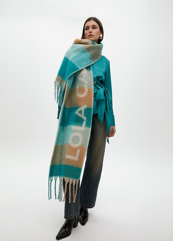 Bufanda Lola Casademunt cuadros logo grande Verde-Marrón