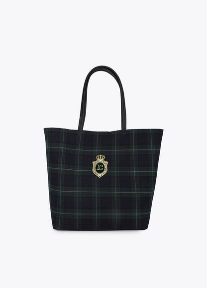 Bolso Lola Casademunt Shopper tejido cuadros y parche con logo bordado VERDE-AZUL