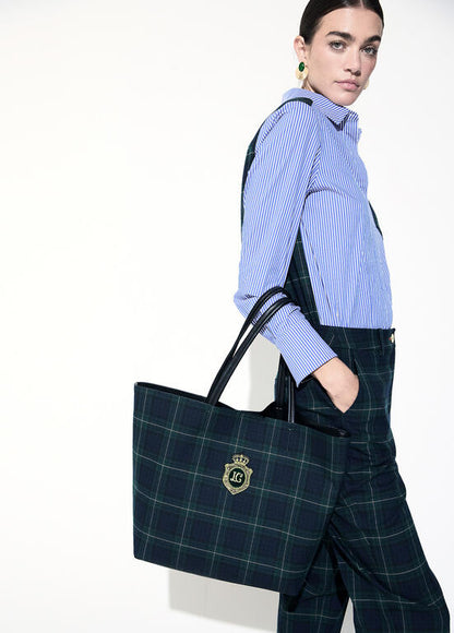 Bolso Lola Casademunt Shopper tejido cuadros y parche con logo bordado VERDE-AZUL