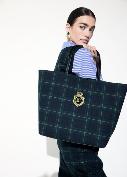 Bolso Lola Casademunt Shopper tejido cuadros y parche con logo bordado VERDE-AZUL