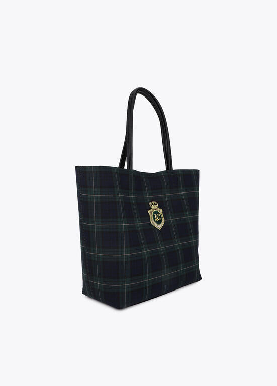Bolso Lola Casademunt Shopper tejido cuadros y parche con logo bordado VERDE-AZUL