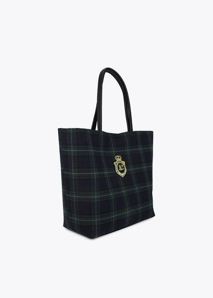 Bolso Lola Casademunt Shopper tejido cuadros y parche con logo bordado VERDE-AZUL