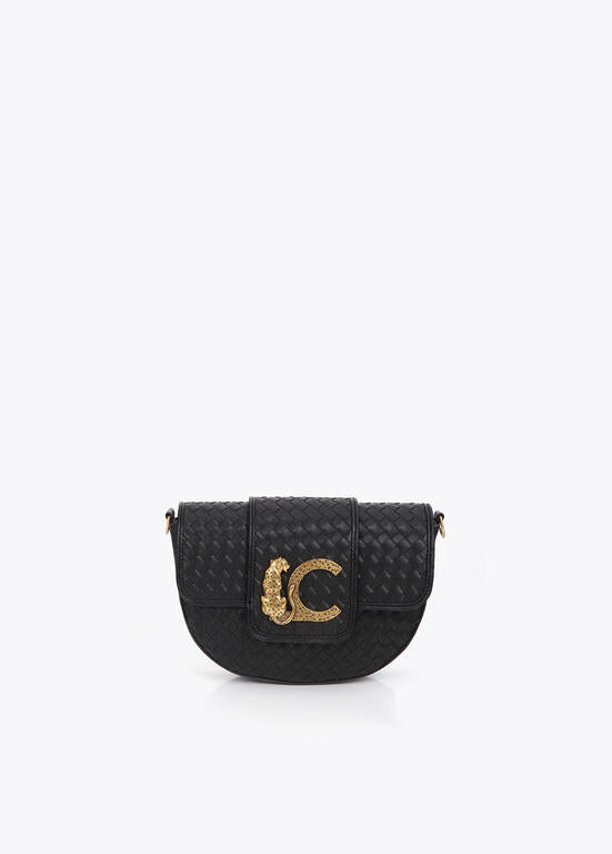 Bolso Lola Casademunt Bandolera media luna material trenzado NEGRO