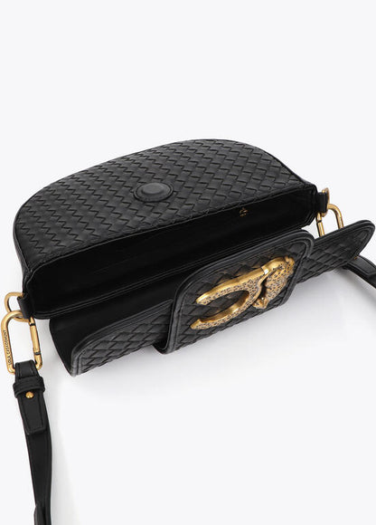 Bolso Lola Casademunt Bandolera media luna material trenzado NEGRO