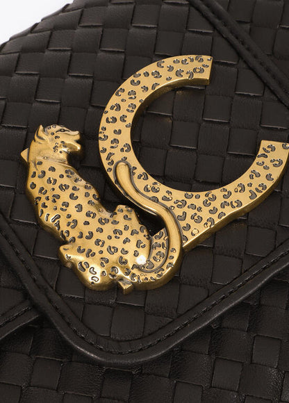 Bolso Lola Casademunt Bandolera media luna material trenzado NEGRO