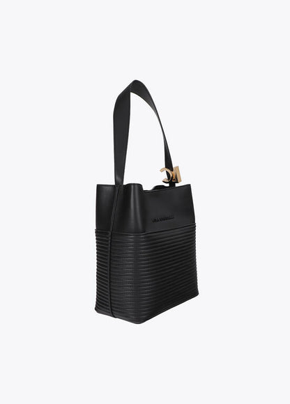 Bolso Lola Casademunt Shopper efecto piel rayas acolchadas y detalle bola metálica NEGRO