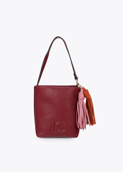 Bolso Lola Casademunt Bandolera efecto piel con pompones a contraste BURDEOS