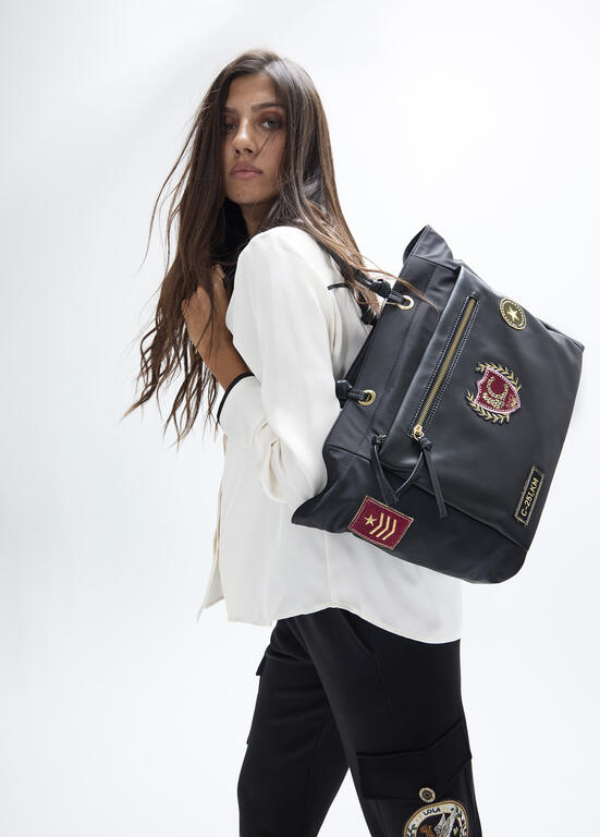Bolso Lola Casademunt Shopper nylon con parches NEGRO