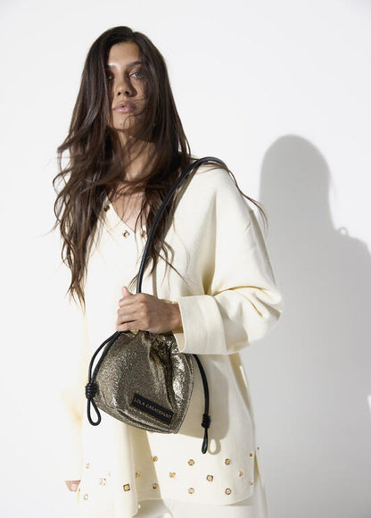 Bolso Lola Casademunt Bandolera tejido fantasía combinada con efecto piel en asas DORADO