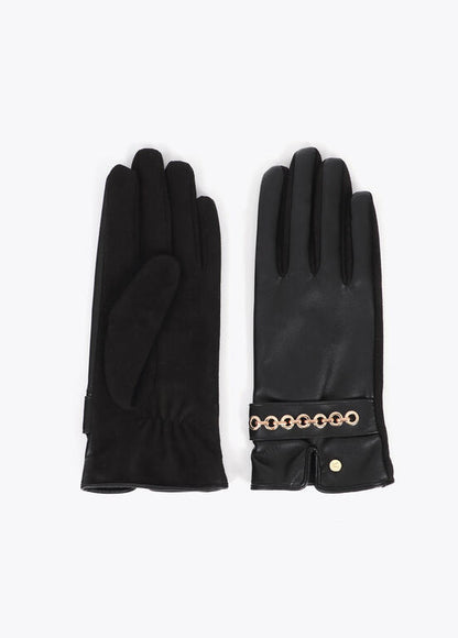 Guantes efecto piel con pulsera ojales negro-metal Lola Casademunt