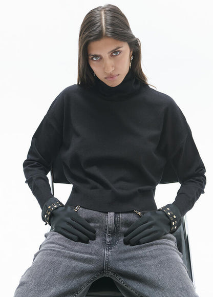 Guantes efecto piel con pulsera ojales negro-metal Lola Casademunt