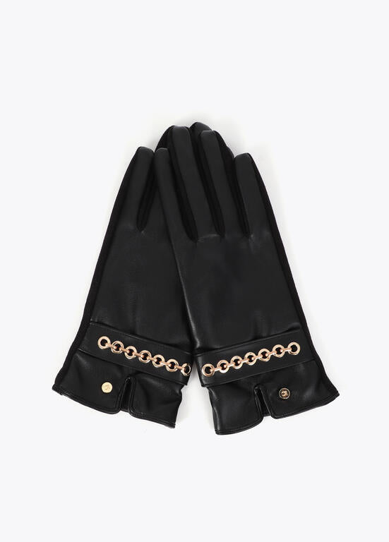 Guantes efecto piel con pulsera ojales negro-metal Lola Casademunt