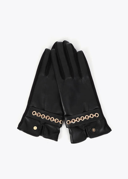 Guantes efecto piel con pulsera ojales negro-metal Lola Casademunt