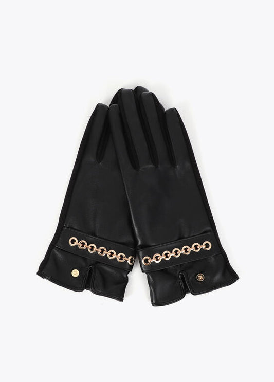 Guantes efecto piel con pulsera ojales negro-metal Lola Casademunt