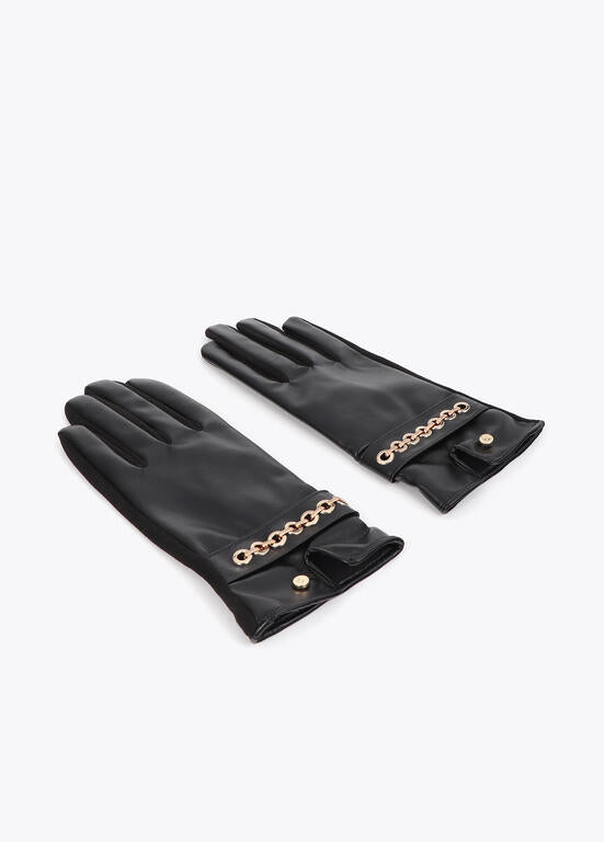 Guantes efecto piel con pulsera ojales negro-metal Lola Casademunt
