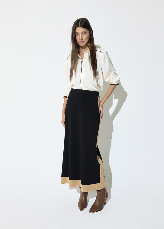 FALDA MIDI LATERALES CONTRASTE NEGRO-MARRÓN