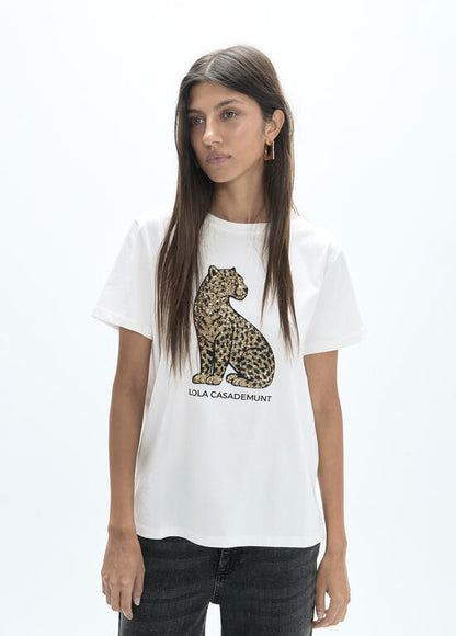 Camiseta Lola Casademunt cuello caja aberturas laterales y posicionado leopardo lentejuelas BLANCO