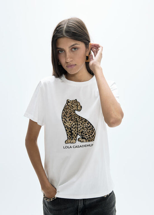 Camiseta Lola Casademunt cuello caja aberturas laterales y posicionado leopardo lentejuelas BLANCO