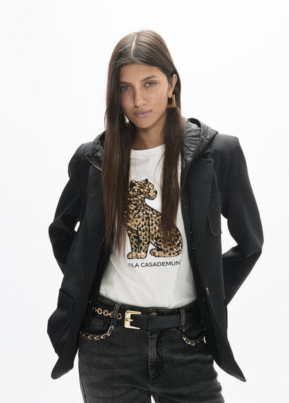 Camiseta Lola Casademunt cuello caja aberturas laterales y posicionado leopardo lentejuelas BLANCO