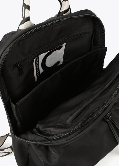 Mochila Lola Casademunt negra de nylon con detalles en efecto piel y tiradores flúor