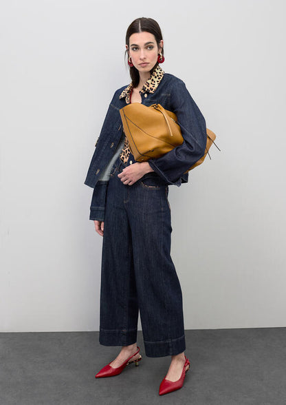 Cazadora Lola Casademunt denim corta con detalles en cuello y solapa de leopardo TEJANO OSCURO