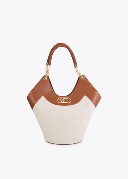 Bolso Lola Casademunt Shopper desestructurado efecto piel y canvas bicolor CRUDO-MARRON