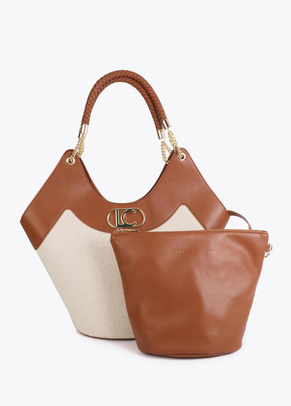 Bolso Lola Casademunt Shopper desestructurado efecto piel y canvas bicolor CRUDO-MARRON