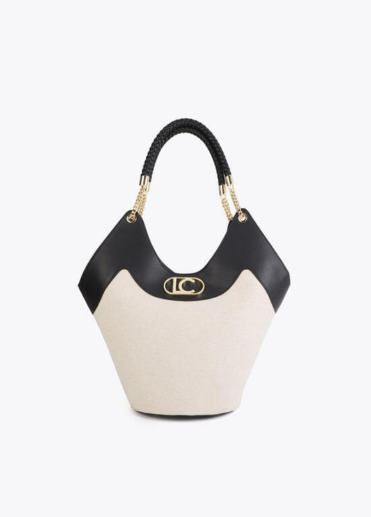 Bolso Lola Casademunt Shopper desestructurado efecto piel y canvas bicolor CRUDO - NEGRO