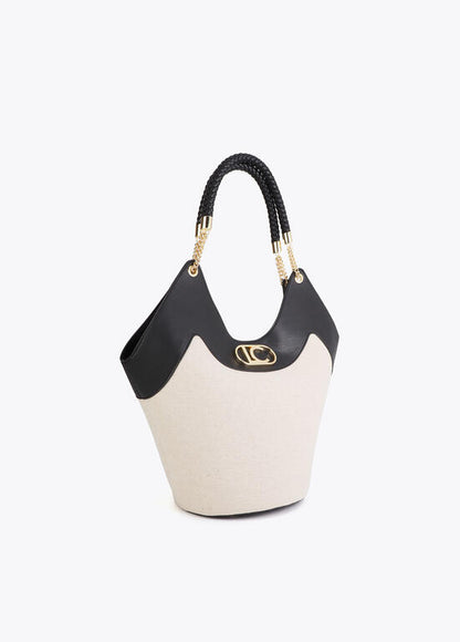 Bolso Lola Casademunt Shopper desestructurado efecto piel y canvas bicolor CRUDO - NEGRO