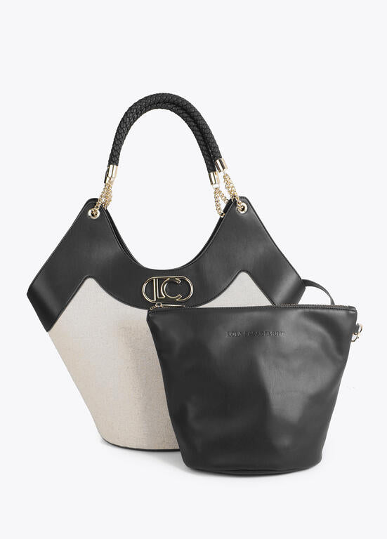 Bolso Lola Casademunt Shopper desestructurado efecto piel y canvas bicolor CRUDO - NEGRO