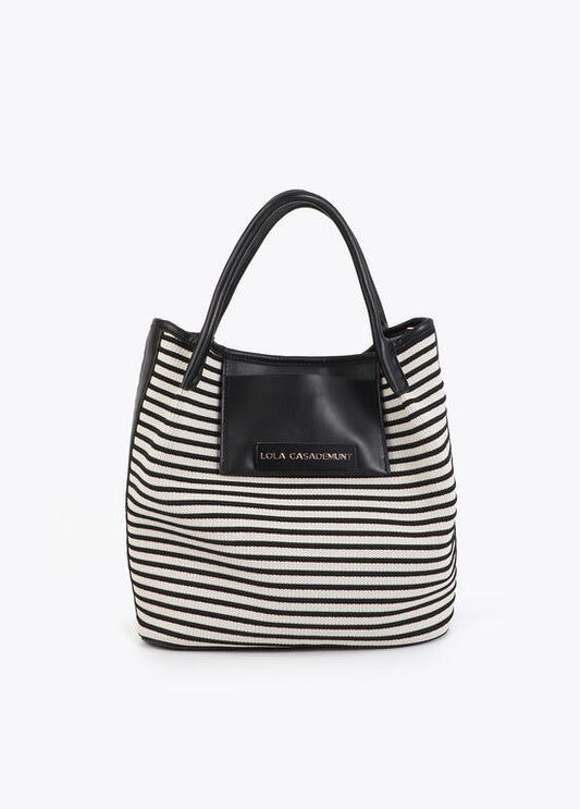 Bolso Lola Casademunt Shopper tejido rayas combinado con efecto piel NEGRO-CRUDO