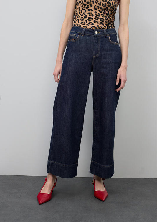 Pantalón Lola Casademunt denim culotte con detalles vivos leopardo en bolsillos TEJANO OSCURO