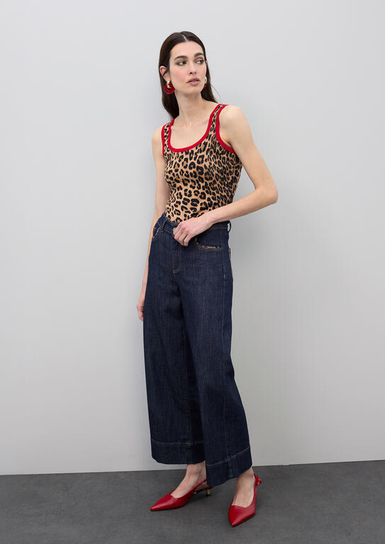Pantalón Lola Casademunt denim culotte detalles leopardo TEJANO OSCURO